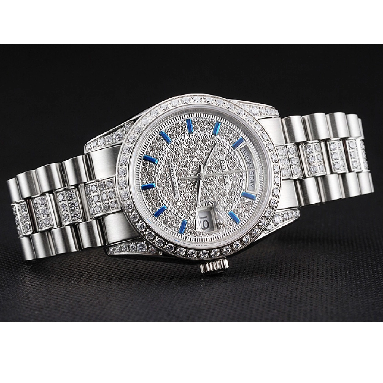 Aaa fake watches And Diamond Bracelet And Bezel Rolex Dial Day Steel Stainless Swiss Pave Date 0524